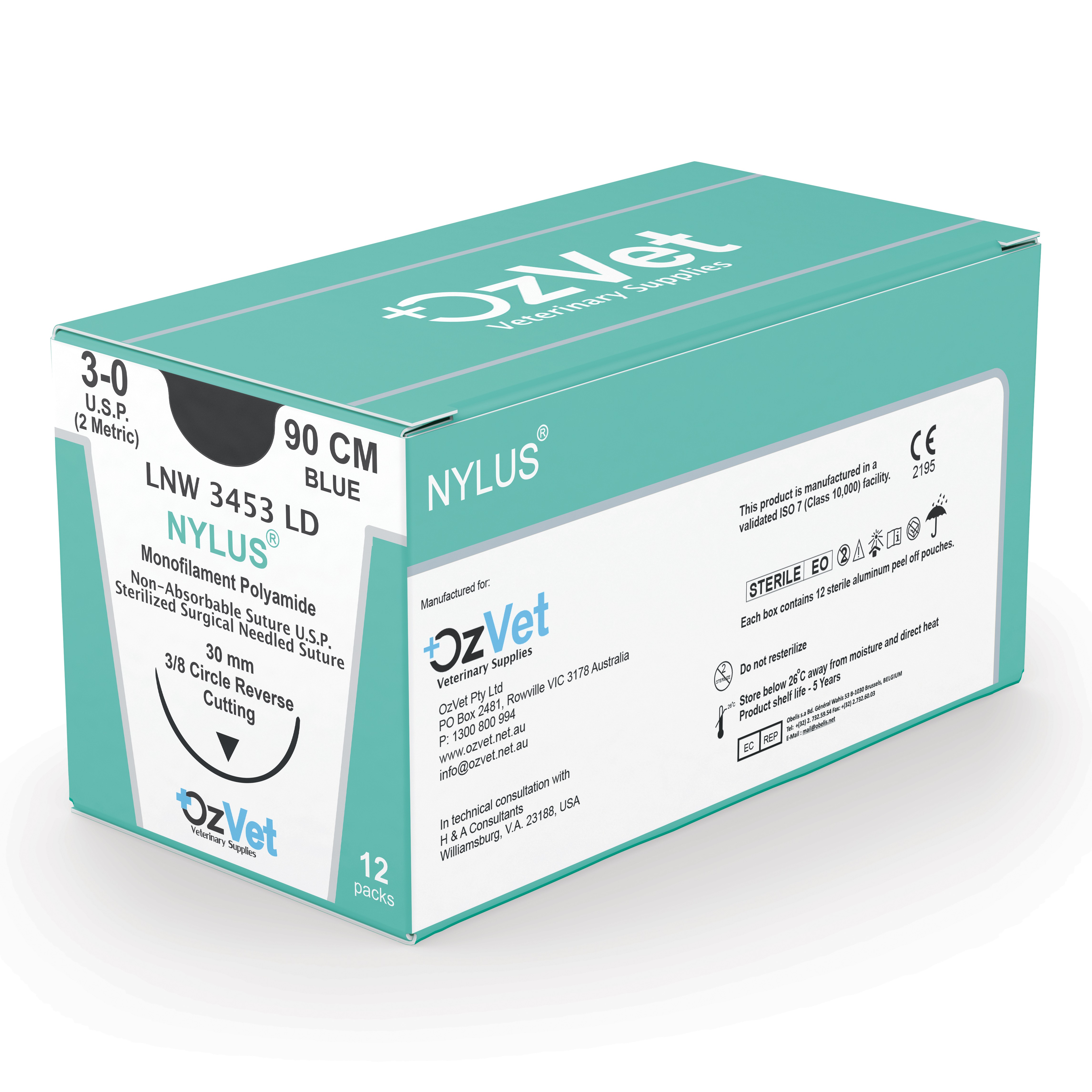 Non-Absorbable Nylon Suture 0, 60mm Straight Needle, 90cm, Blue